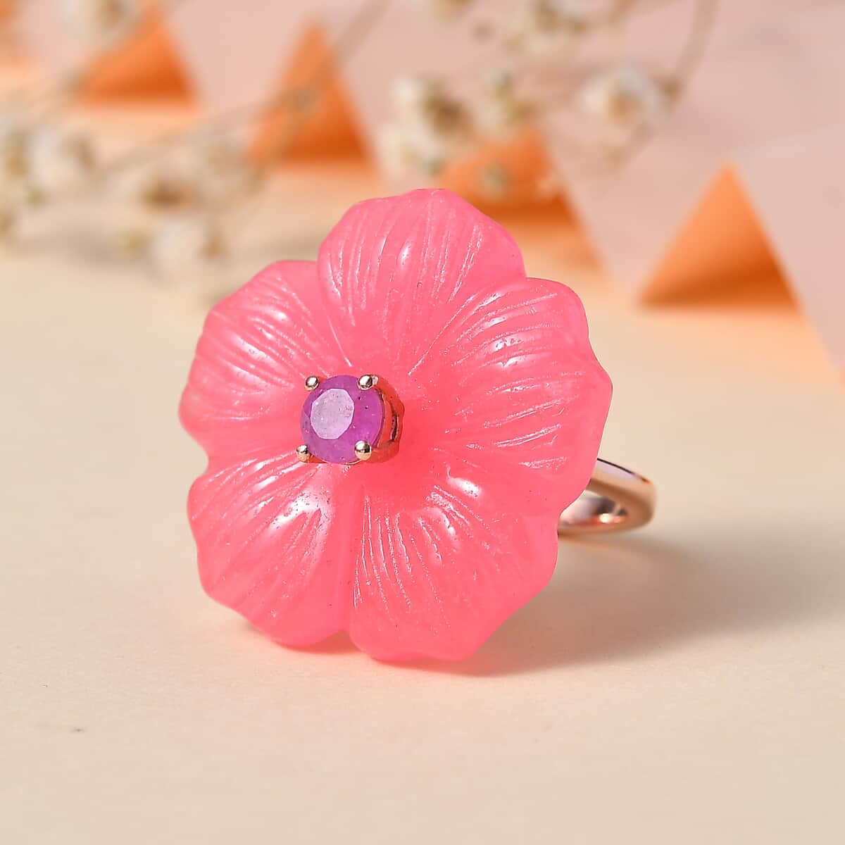 Pink Jade (D) Carved and Ilakaka Hot Pink Sapphire (FF) 41.00 ctw Primrose Floral Ring in Vermeil Rose Gold Over Sterling Silver (Size 7.0) image number 1