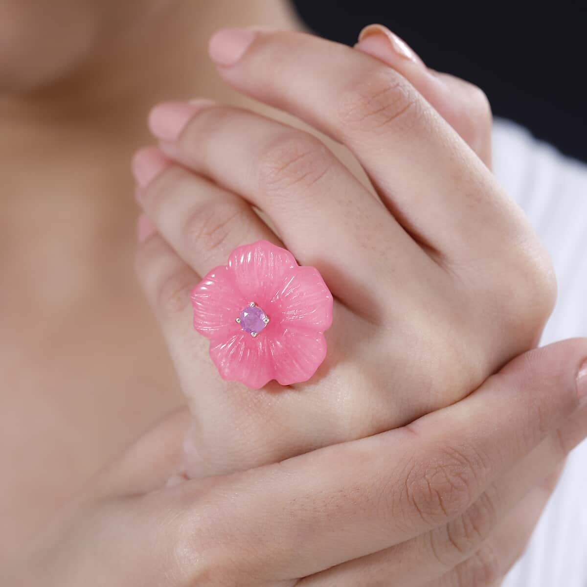 Pink Jade (D) Carved and Ilakaka Hot Pink Sapphire (FF) 41.00 ctw Primrose Floral Ring in Vermeil Rose Gold Over Sterling Silver (Size 7.0) image number 2