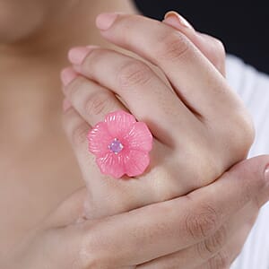 Pink Jade (D) Carved and Ilakaka Hot Pink Sapphire (FF) 41.00 ctw Primrose Floral Ring in Vermeil Rose Gold Over Sterling Silver (Size 7.0)