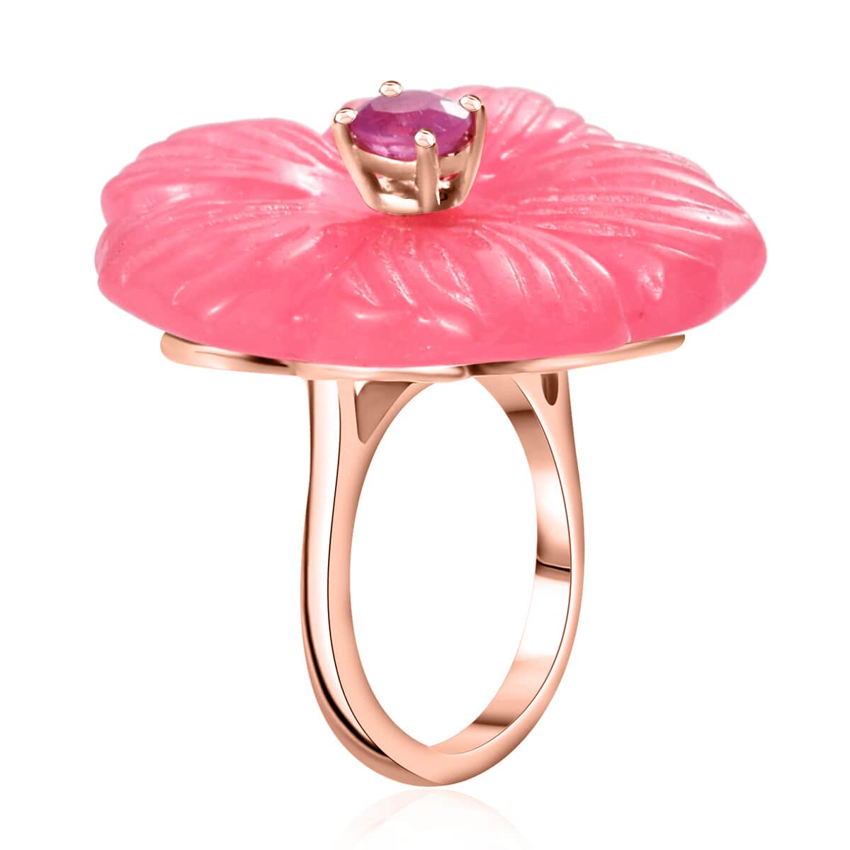 Pink Jade (D) Carved and Ilakaka Hot Pink Sapphire (FF) 41.00 ctw Primrose Floral Ring in Vermeil Rose Gold Over Sterling Silver (Size 7.0) image number 3