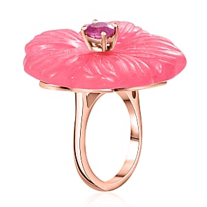 Pink Jade (D) Carved and Ilakaka Hot Pink Sapphire (FF) 41.00 ctw Primrose Floral Ring in Vermeil Rose Gold Over Sterling Silver (Size 7.0)