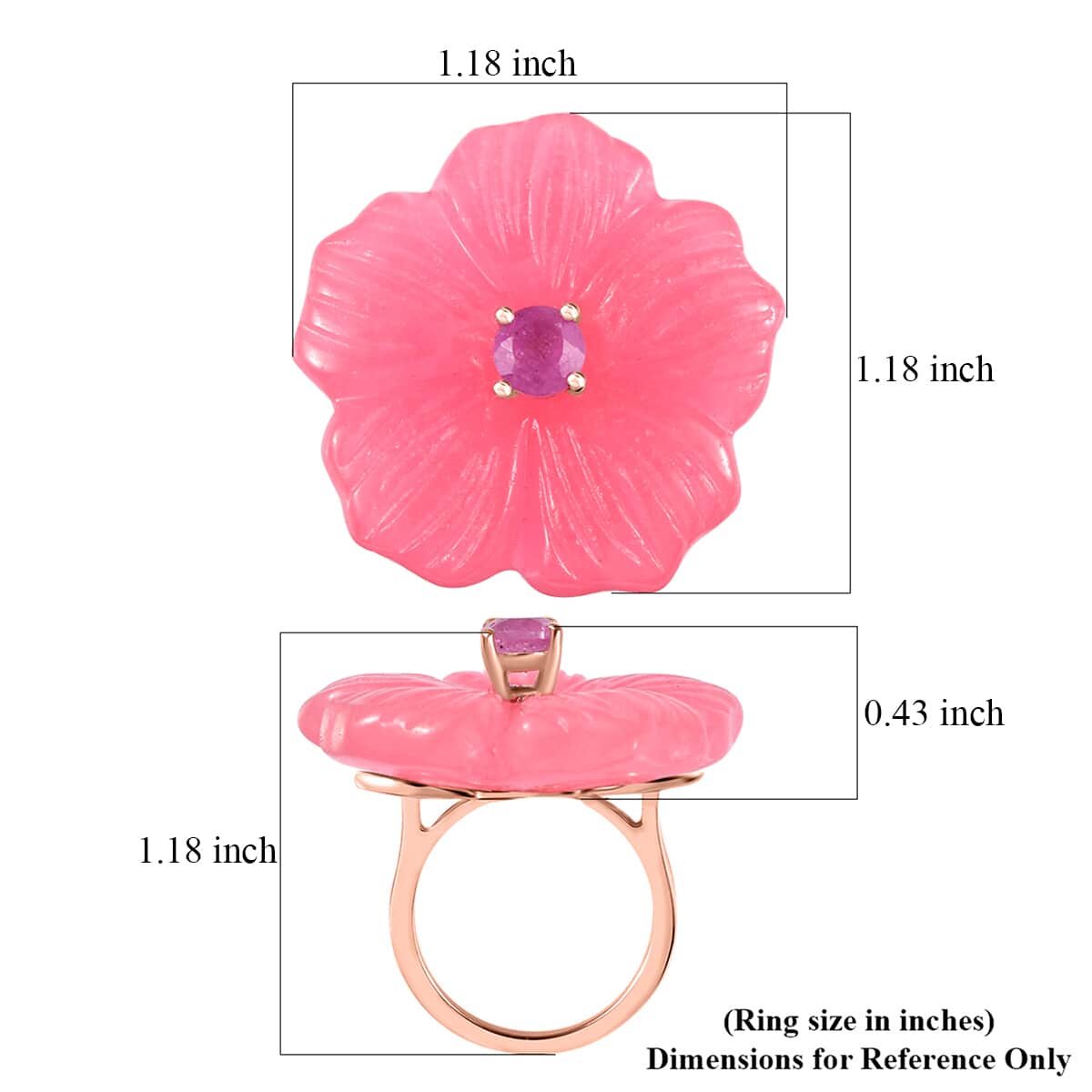 Pink Jade (D) Carved and Ilakaka Hot Pink Sapphire (FF) 41.00 ctw Primrose Floral Ring in Vermeil Rose Gold Over Sterling Silver (Size 7.0) image number 5