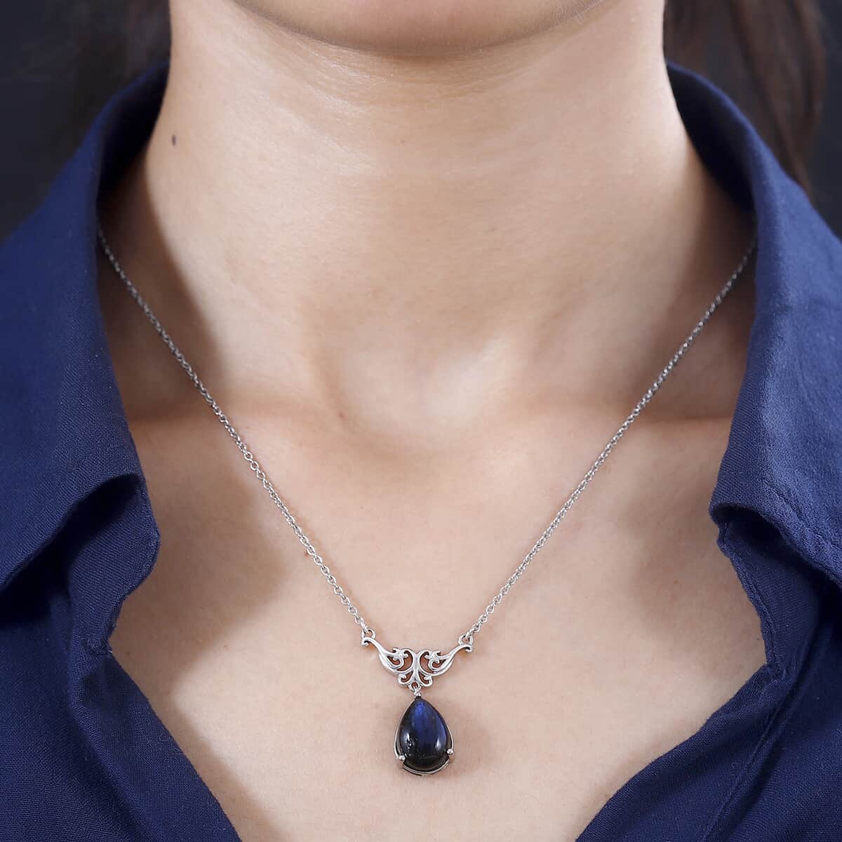 Karis Malagasy Labradorite Pear Shape Necklace 18 Inches in Platinum Bond & Stainless Steel 6.15 ctw image number 2