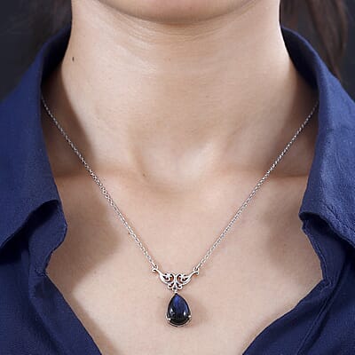 Karis Malagasy Labradorite Pear Shape Necklace 18 Inches in Platinum Bond & Stainless Steel 6.15 ctw