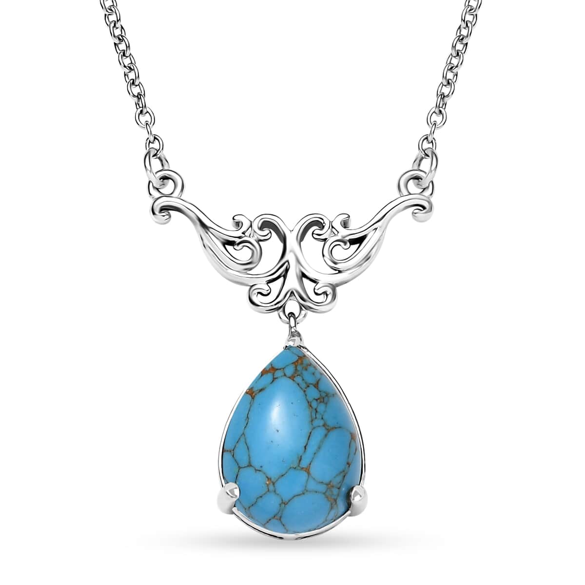 Karis Blue Turquoise Pear Shape Necklace (18 Inches) in Platinum Bond & Stainless Steel 5.00 ctw image number 0