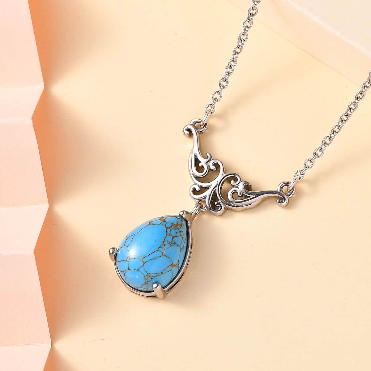 Karis Blue Turquoise Pear Shape Necklace (18 Inches) in Platinum Bond & Stainless Steel 5.00 ctw image number 1