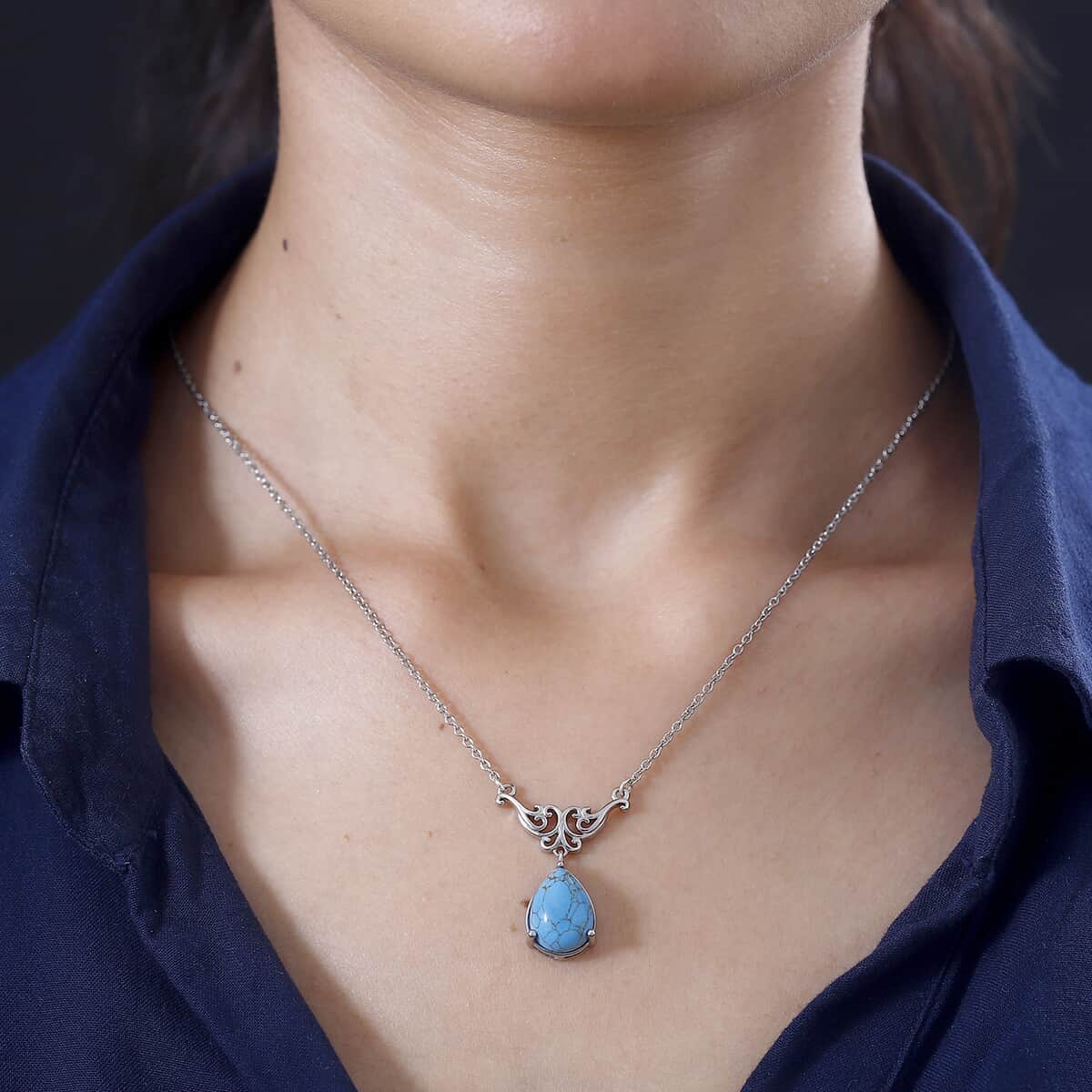 Karis Blue Turquoise Pear Shape Necklace (18 Inches) in Platinum Bond & Stainless Steel 5.00 ctw image number 2