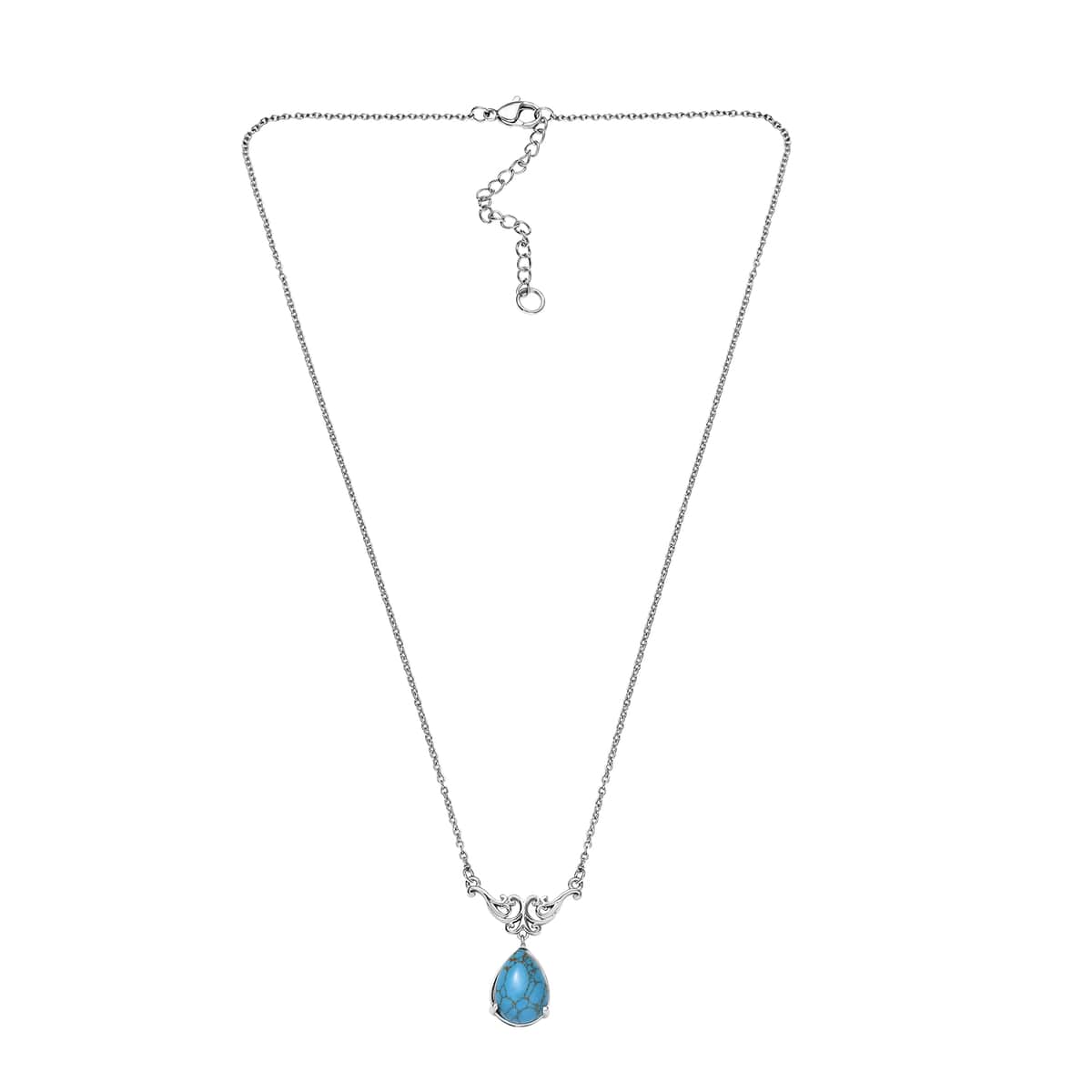 Karis Blue Turquoise Pear Shape Necklace (18 Inches) in Platinum Bond & Stainless Steel 5.00 ctw image number 3