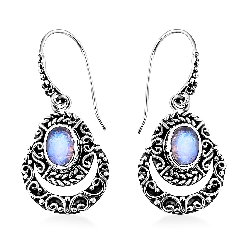 Bali Legacy Moon Glow Moonstone Half Moon Dangle Earrings in Sterling Silver 2.40 ctw