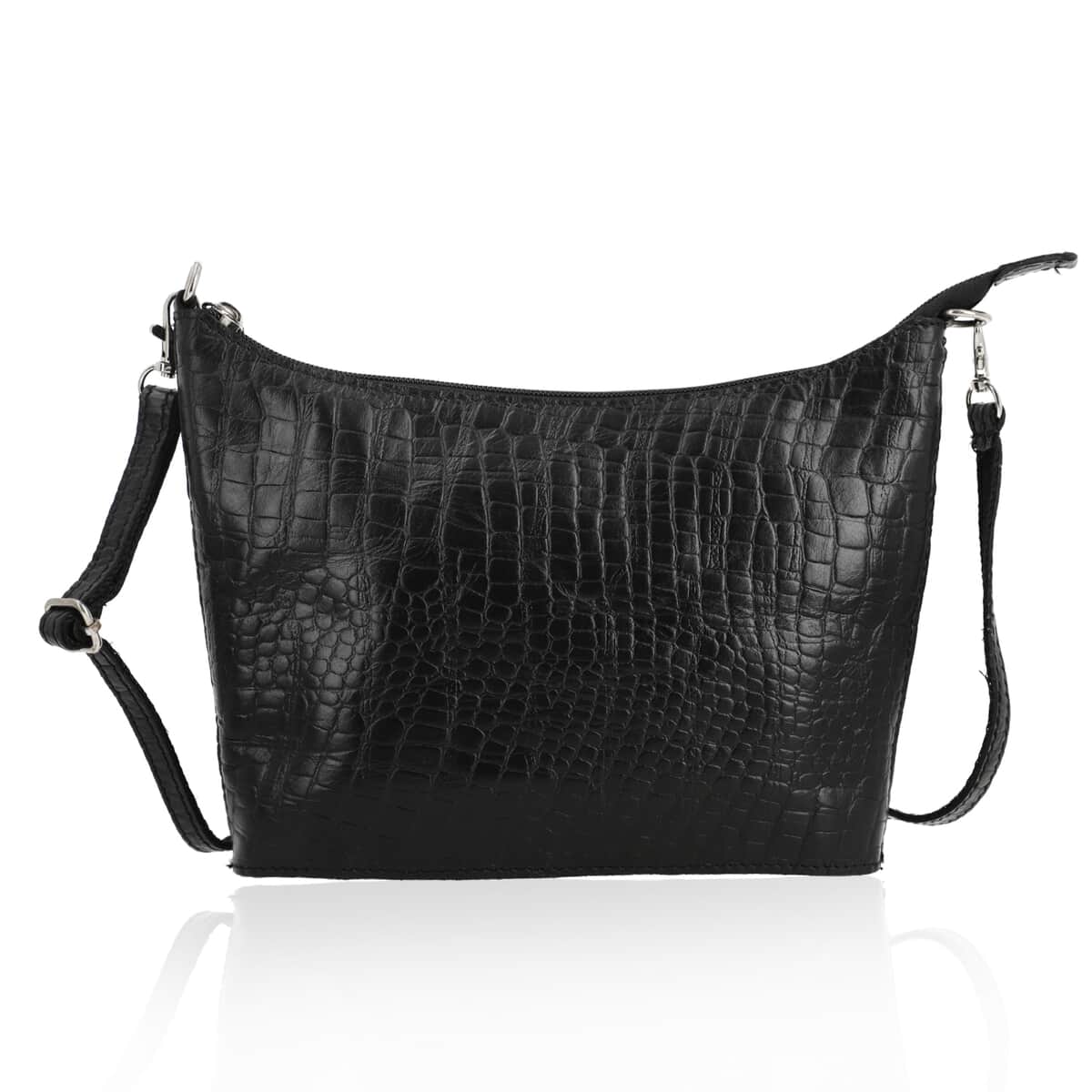 Croco Embossed Genuine Leather  Sling/Crossbody bag  Measurement- Top Length- 9.5'' Bottom Length- 8.5'' Height-6'' Bottom width- 2'' Color- Black image number 0