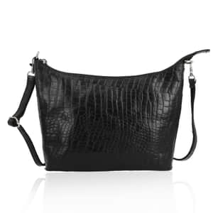 Black Croco Embossed Genuine Leather Crossbody Bag 