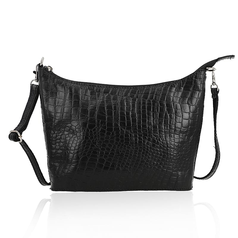 Black Croco Embossed Genuine Leather Crossbody Bag