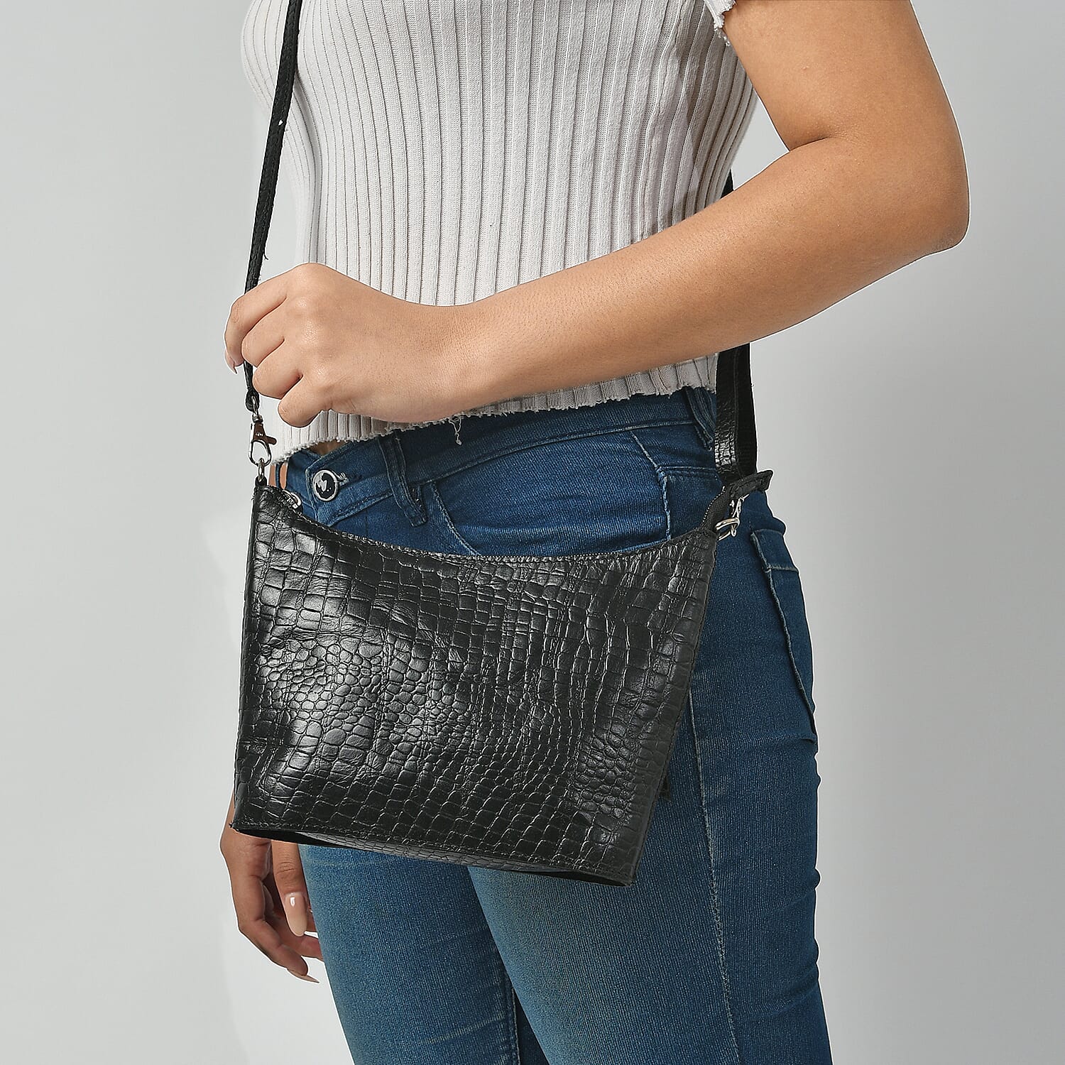Black Croco Embossed Genuine Leather Crossbody Bag 