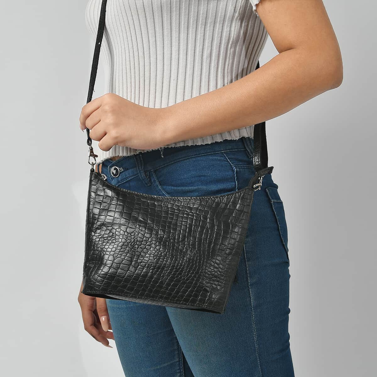 Croco Embossed Genuine Leather  Sling/Crossbody bag  Measurement- Top Length- 9.5'' Bottom Length- 8.5'' Height-6'' Bottom width- 2'' Color- Black image number 1