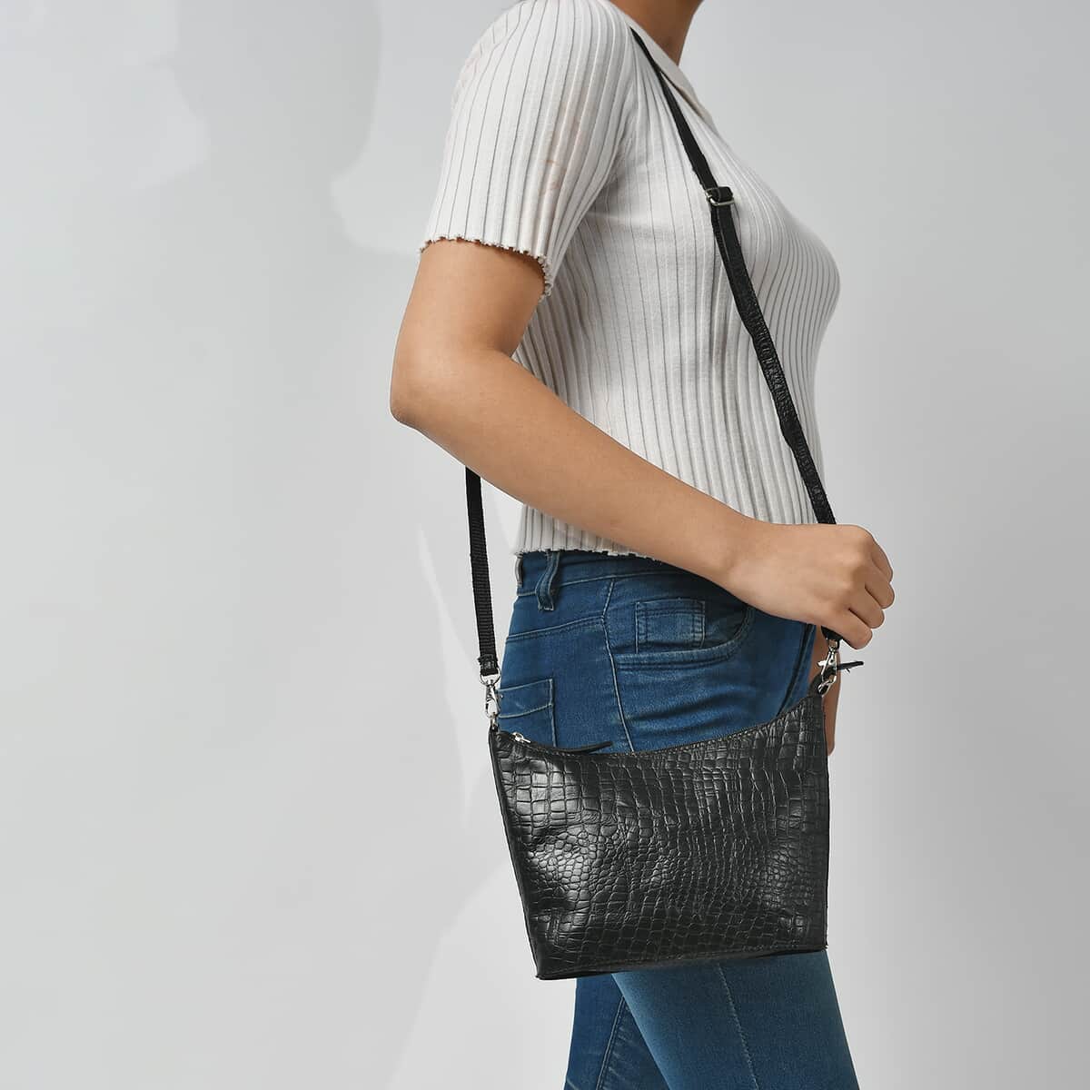 Croco Embossed Genuine Leather  Sling/Crossbody bag  Measurement- Top Length- 9.5'' Bottom Length- 8.5'' Height-6'' Bottom width- 2'' Color- Black image number 2