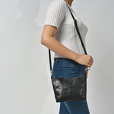 Black Croco Embossed Genuine Leather Crossbody Bag
