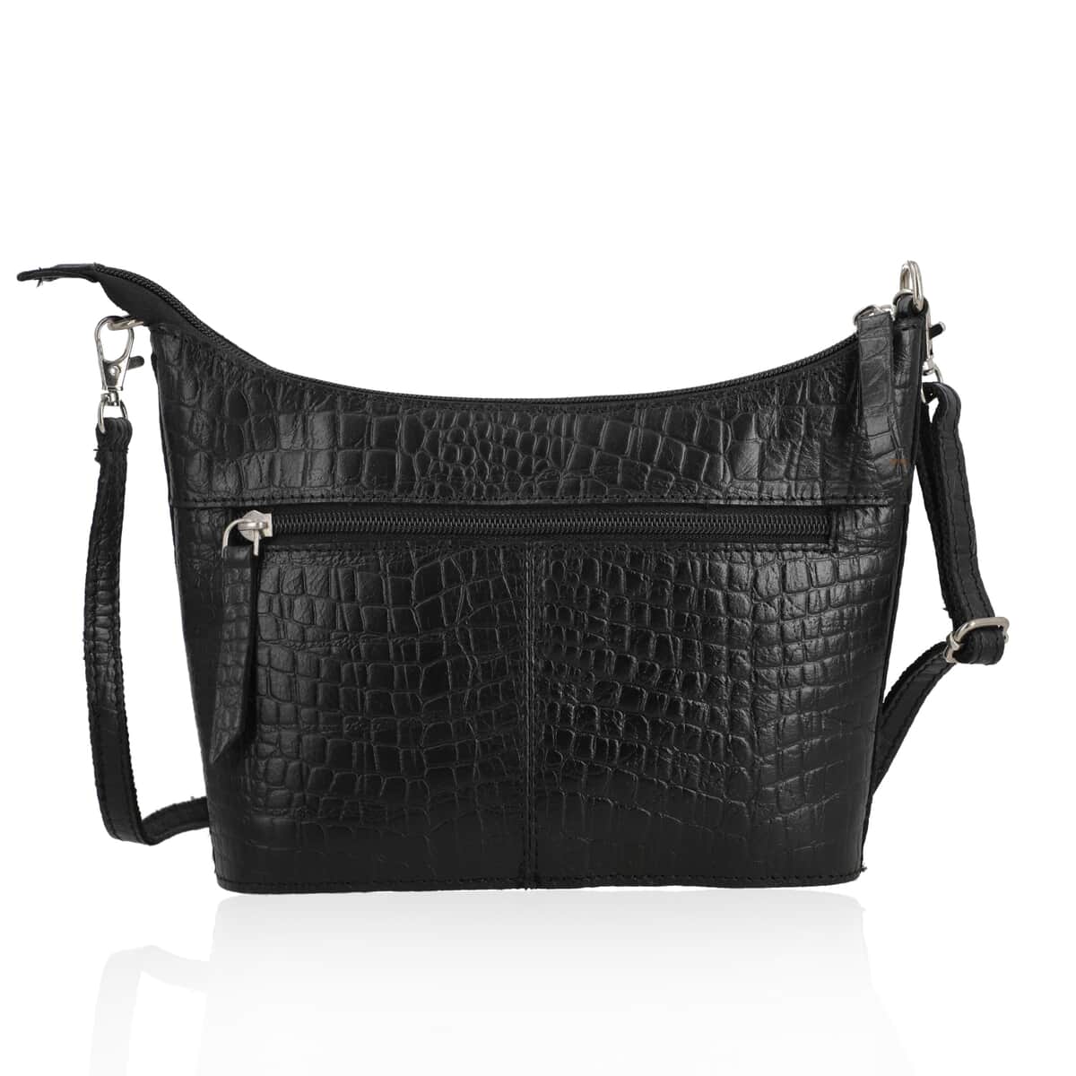 Croco Embossed Genuine Leather  Sling/Crossbody bag  Measurement- Top Length- 9.5'' Bottom Length- 8.5'' Height-6'' Bottom width- 2'' Color- Black image number 3