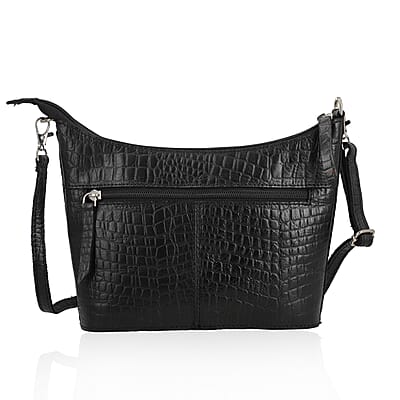 Black Croco Embossed Genuine Leather Crossbody Bag