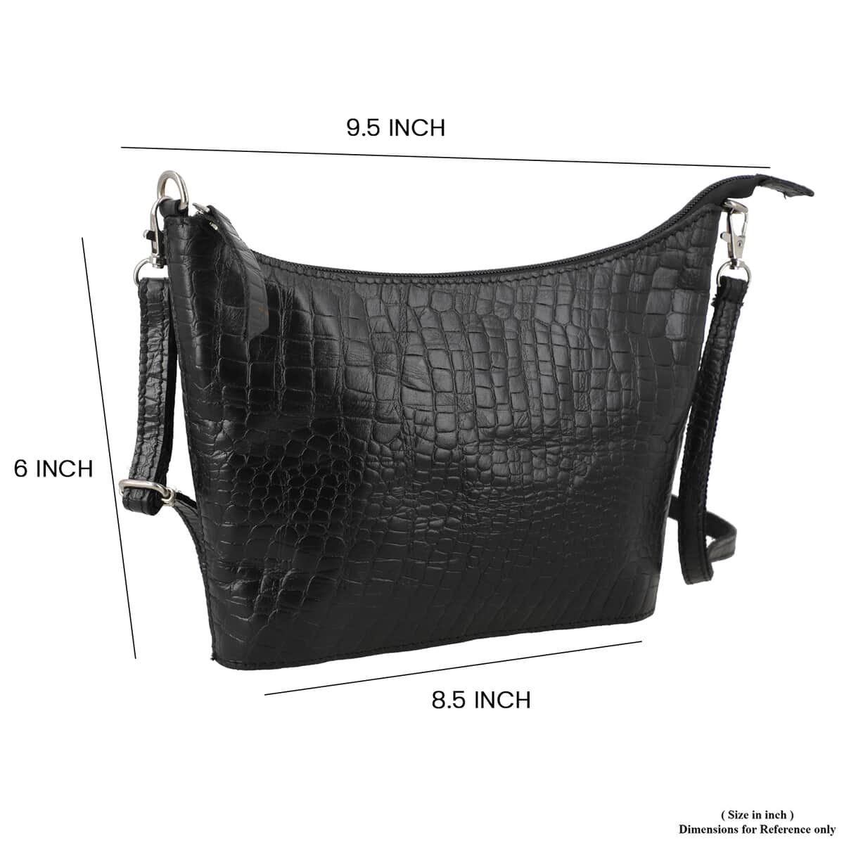 Croco Embossed Genuine Leather  Sling/Crossbody bag  Measurement- Top Length- 9.5'' Bottom Length- 8.5'' Height-6'' Bottom width- 2'' Color- Black image number 8