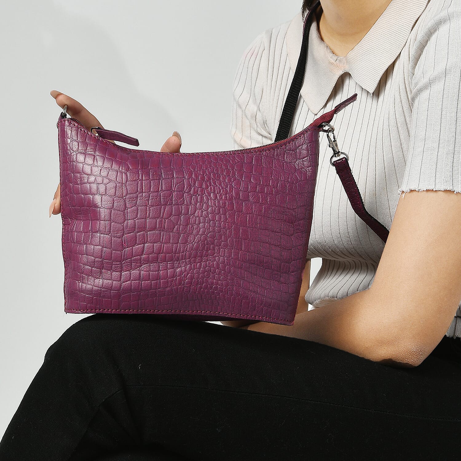 Maroon Croco Embossed Genuine Leather Crossbody Bag