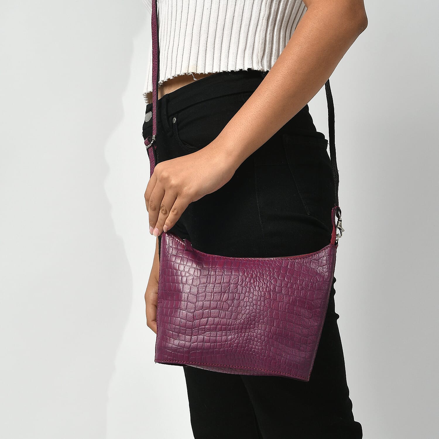 Maroon Croco Embossed Genuine Leather Crossbody Bag