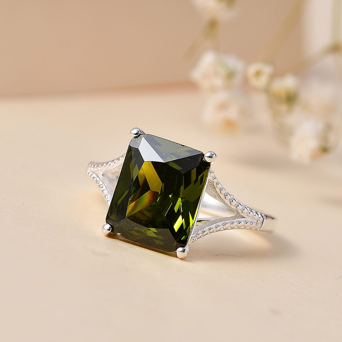 Simulated Green Diamond Solitaire Ring in Sterling Silver (Size 5.0) 5.25 ctw image number 1