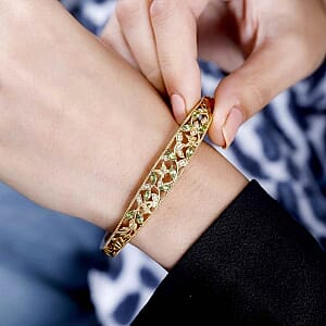 Simulated Green and White Diamond Bangle Bracelet in 18K YG Plated (7.50 In)