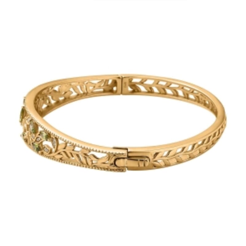 Simulated Green and White Diamond Bangle Bracelet in 18K YG Plated (7.50 In)