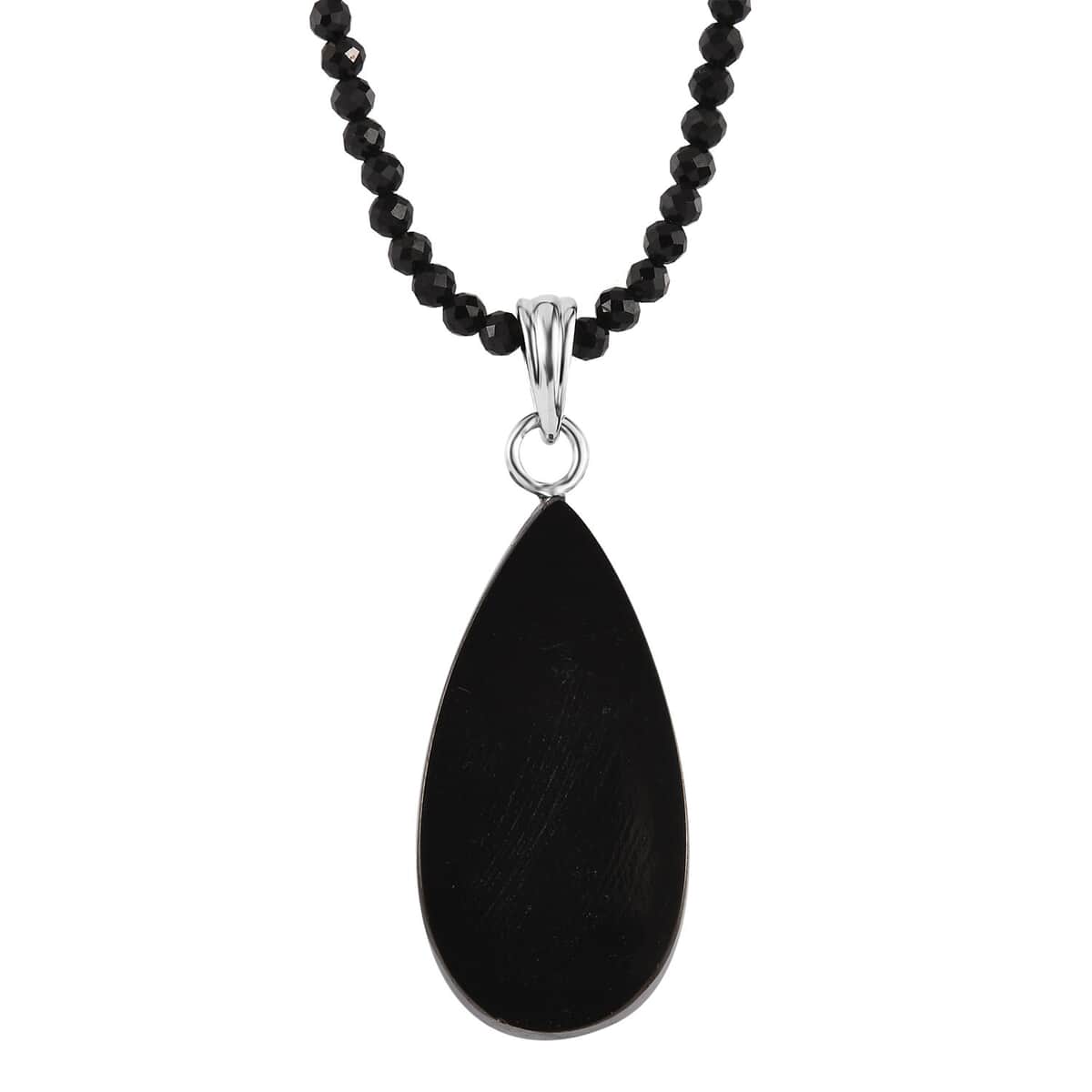 Elite Shungite Pendant with Thai Black Spinel Beaded Necklace (18 Inches) in Rhodium Over Sterling Silver 37.15 ctw image number 0