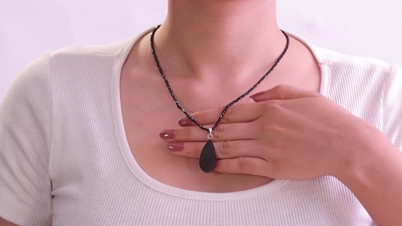 Elite Shungite Pendant with Thai Black Spinel Beaded Necklace (18 Inches) in Rhodium Over Sterling Silver