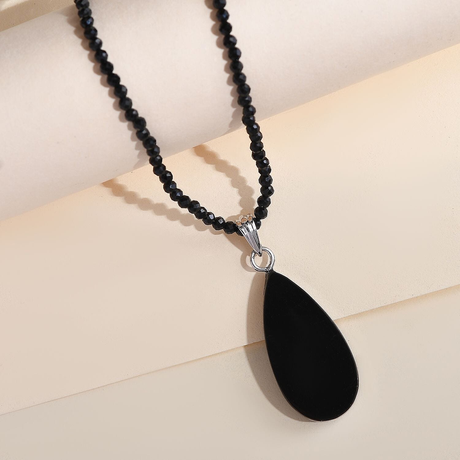 Elite Shungite Pendant with Thai Black Spinel Beaded Necklace 18-20 Inches in Rhodium Over Sterling Silver 37.15 ctw
