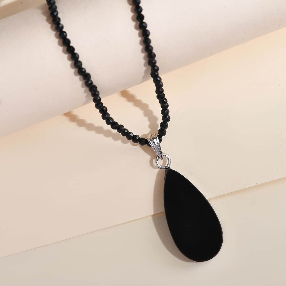 Elite Shungite Pendant with Thai Black Spinel Beaded Necklace 18-20 Inches in Rhodium Over Sterling Silver 37.15 ctw image number 1