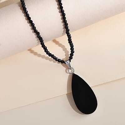 Elite Shungite Pendant with Thai Black Spinel Beaded Necklace 18-20 Inches in Rhodium Over Sterling Silver 37.15 ctw