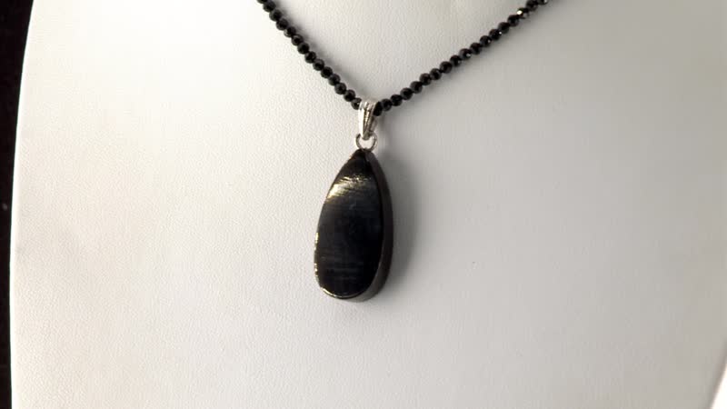 Elite Shungite Pendant with Thai Black Spinel Beaded Necklace (18 Inches) in Rhodium Over Sterling Silver