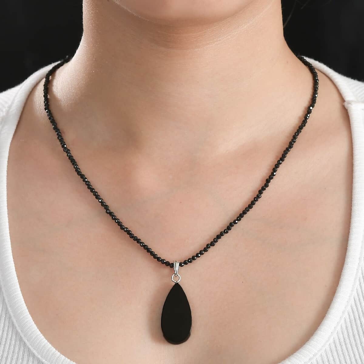 Elite Shungite Pendant with Thai Black Spinel Beaded Necklace (18 Inches) in Rhodium Over Sterling Silver 37.15 ctw image number 2