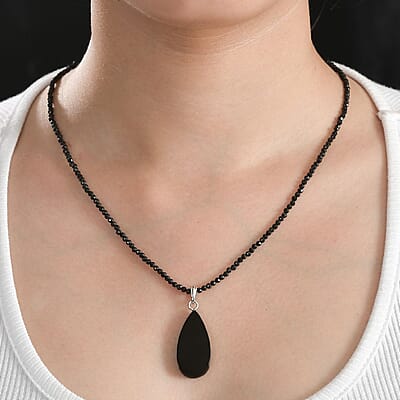 Elite Shungite Pendant with Thai Black Spinel Beaded Necklace 18-20 Inches in Rhodium Over Sterling Silver 37.15 ctw