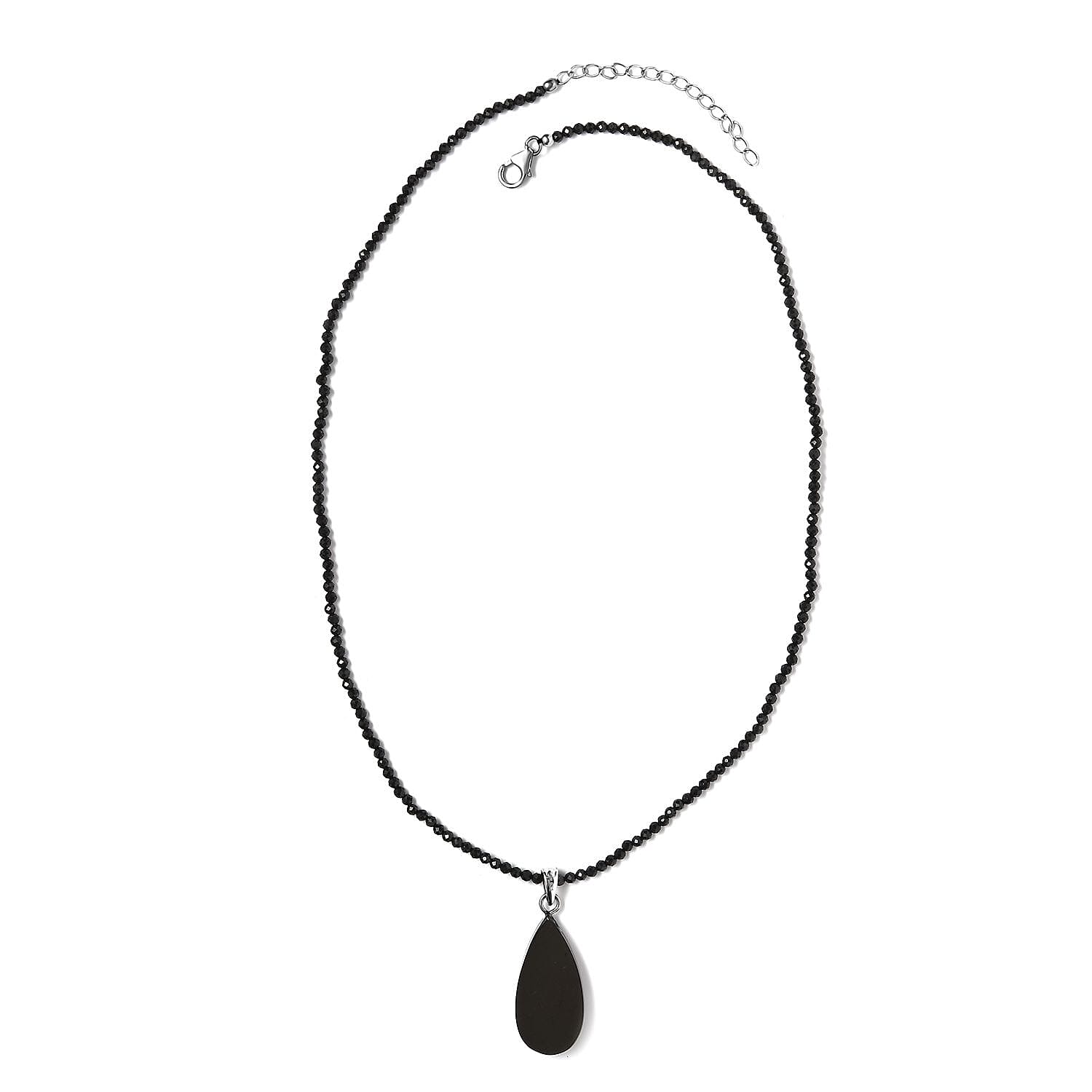Elite Shungite Pendant with Thai Black Spinel Beaded Necklace 18-20 Inches in Rhodium Over Sterling Silver 37.15 ctw