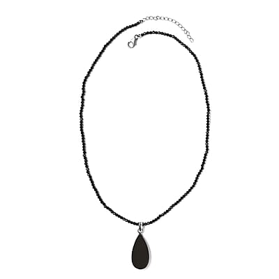 Elite Shungite Pendant with Thai Black Spinel Beaded Necklace 18-20 Inches in Rhodium Over Sterling Silver 37.15 ctw