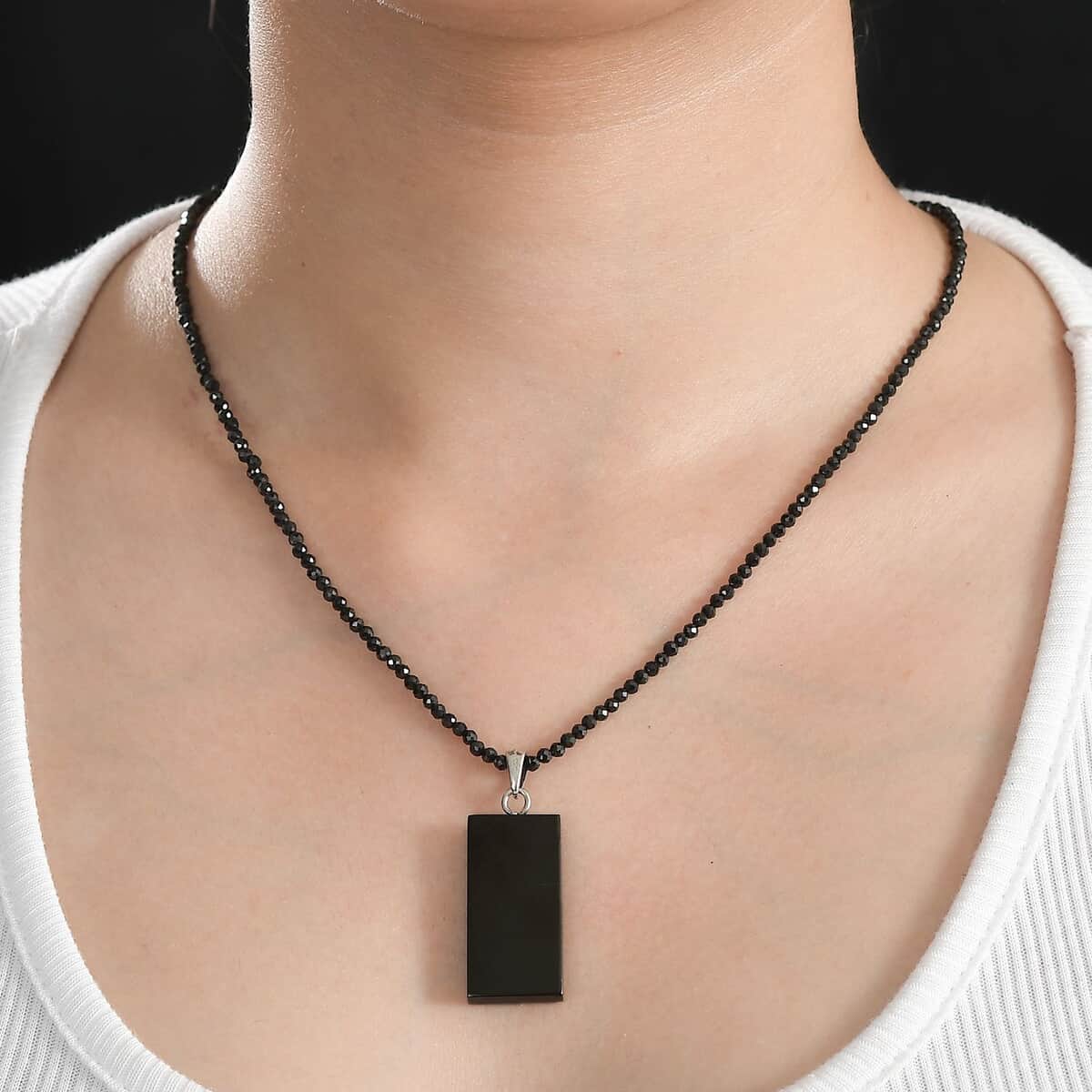 Elite Shungite Pendant with Thai Black Spinel Beaded Necklace 18-20 Inches in Rhodium Over Sterling Silver 41.00 ctw image number 2