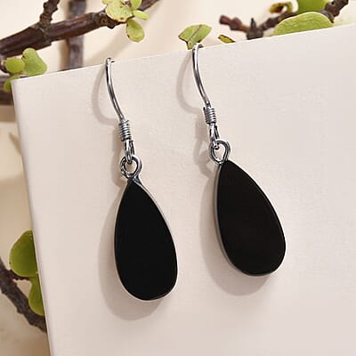 Elite Shungite Pear Dangle Earrings in Rhodium Over Sterling Silver 12.00 ctw