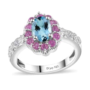 Santa Maria Aquamarine and Multi Gemstone Daisy Floral Ring in Rhodium Over Sterling Silver (Size 10.0) 1.20 ctw
