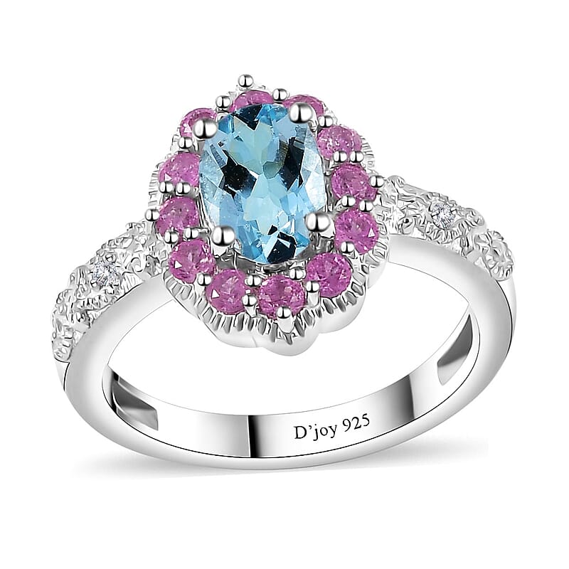Santa Maria Aquamarine and Multi Gemstone Daisy Floral Ring in Rhodium Over Sterling Silver (Size 10.0) 1.20 ctw