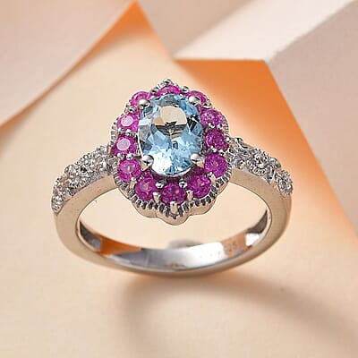 Santa Maria Aquamarine and Multi Gemstone Daisy Floral Ring in Rhodium Over Sterling Silver (Size 10.0) 1.20 ctw