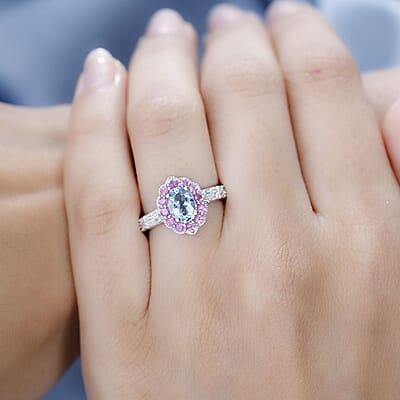 Santa Maria Aquamarine and Multi Gemstone Daisy Floral Ring in Rhodium Over Sterling Silver (Size 10.0) 1.20 ctw