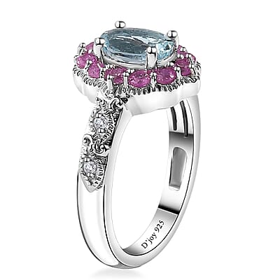Santa Maria Aquamarine and Multi Gemstone Daisy Floral Ring in Rhodium Over Sterling Silver (Size 10.0) 1.20 ctw