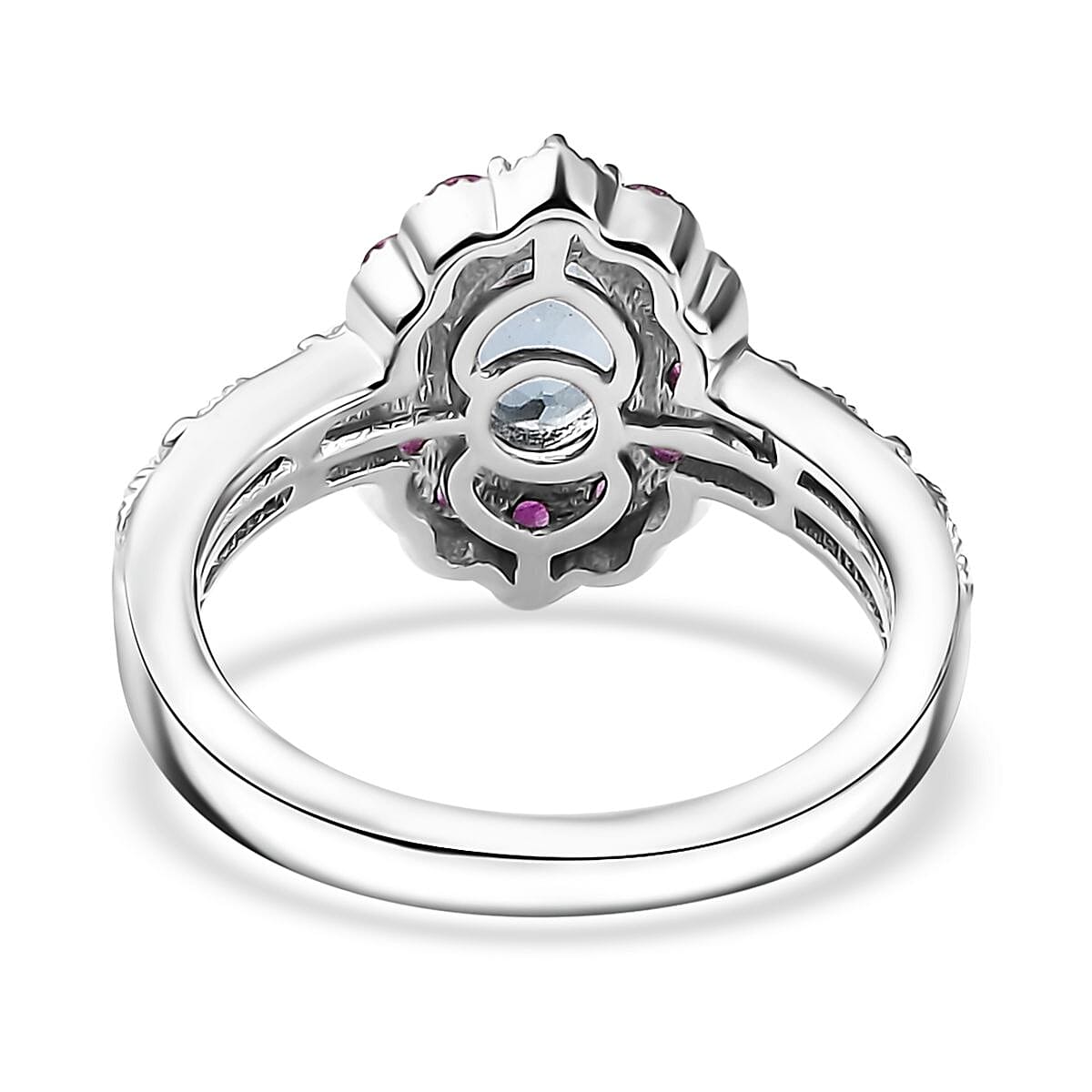 Santa Maria Aquamarine and Multi Gemstone Daisy Floral Ring in Rhodium Over Sterling Silver (Size 10.0) 1.20 ctw