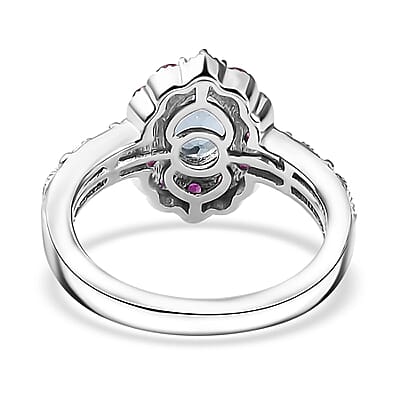 Santa Maria Aquamarine and Multi Gemstone Daisy Floral Ring in Rhodium Over Sterling Silver (Size 10.0) 1.20 ctw