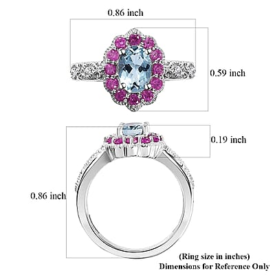 Santa Maria Aquamarine and Multi Gemstone Daisy Floral Ring in Rhodium Over Sterling Silver (Size 10.0) 1.20 ctw
