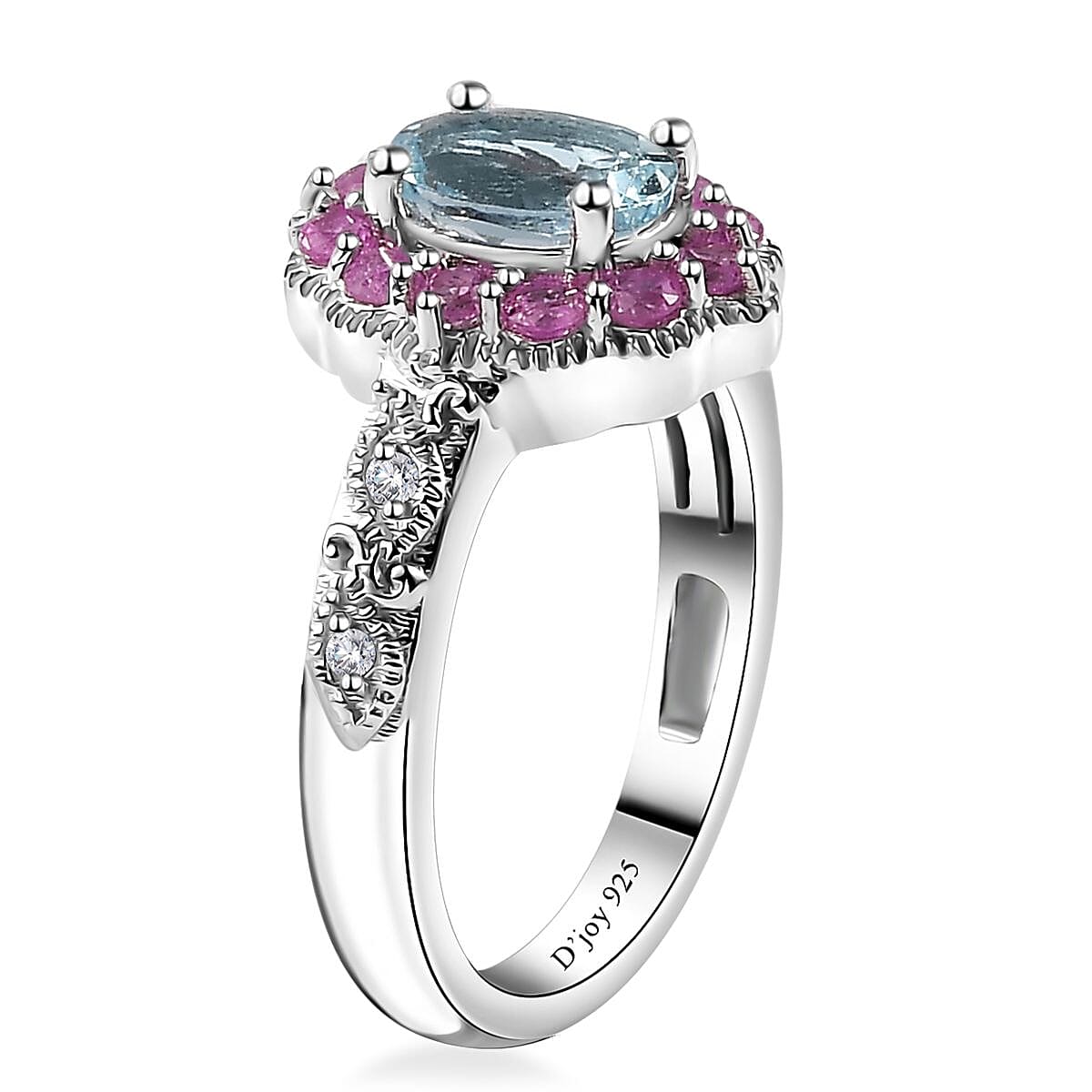 Santa Maria Aquamarine and Multi Gemstone Daisy Floral Ring in Rhodium Over Sterling Silver (Size 7.0) 1.20 ctw image number 3
