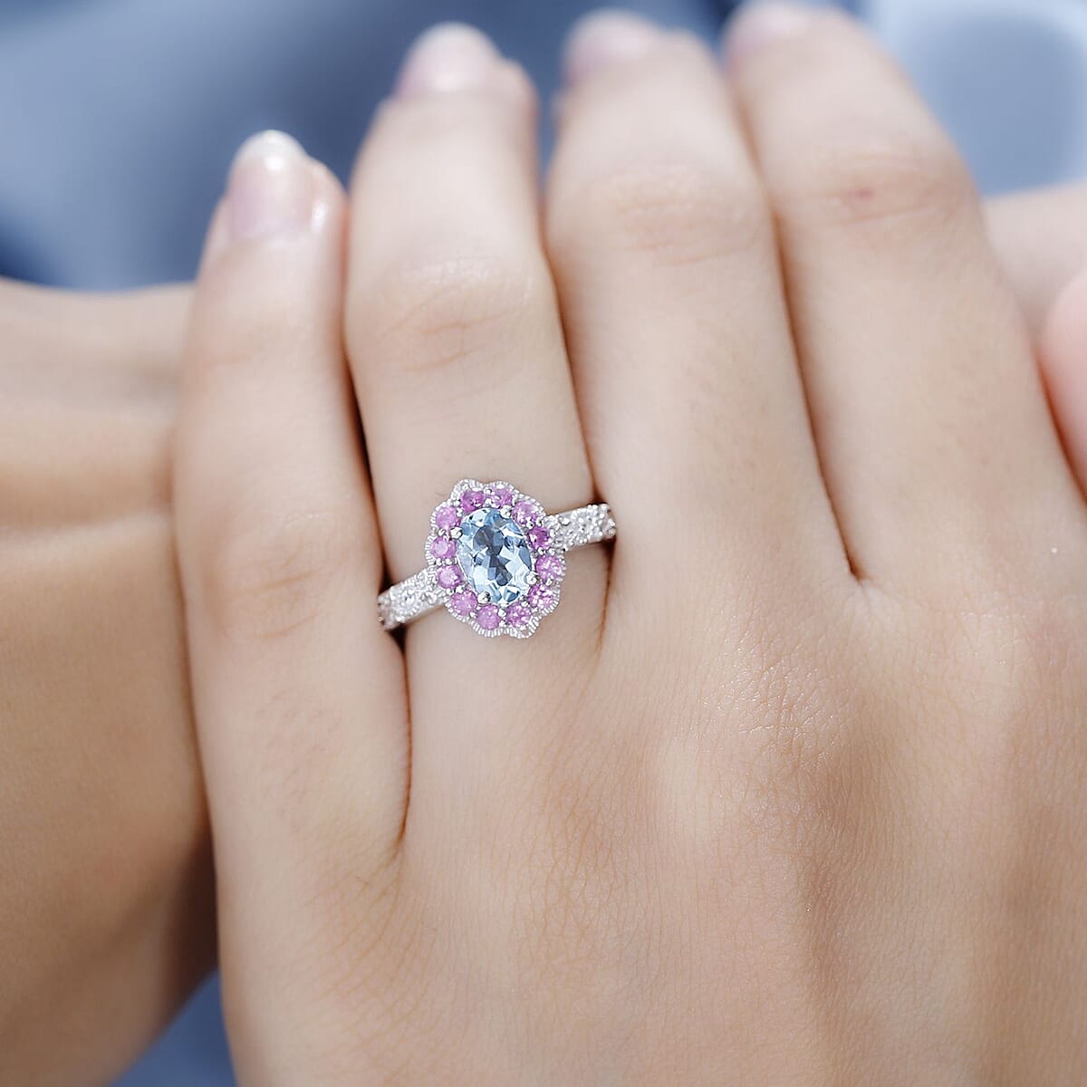 Santa Maria Aquamarine and Multi Gemstone Daisy Floral Ring in Rhodium Over Sterling Silver (Size 8.0) 1.20 ctw image number 2